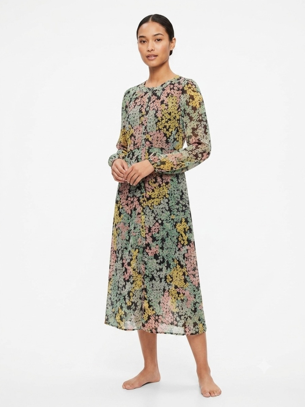 LOFT, Pastel Floral Long-Sleeve Midi Dress - S